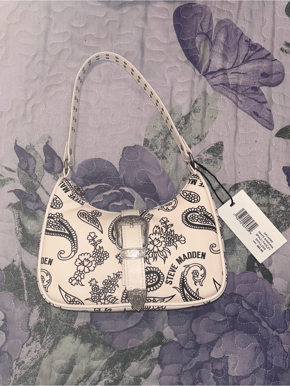 Steve Madden White Paisley-Print Shoulder Bag with Silver Buckle